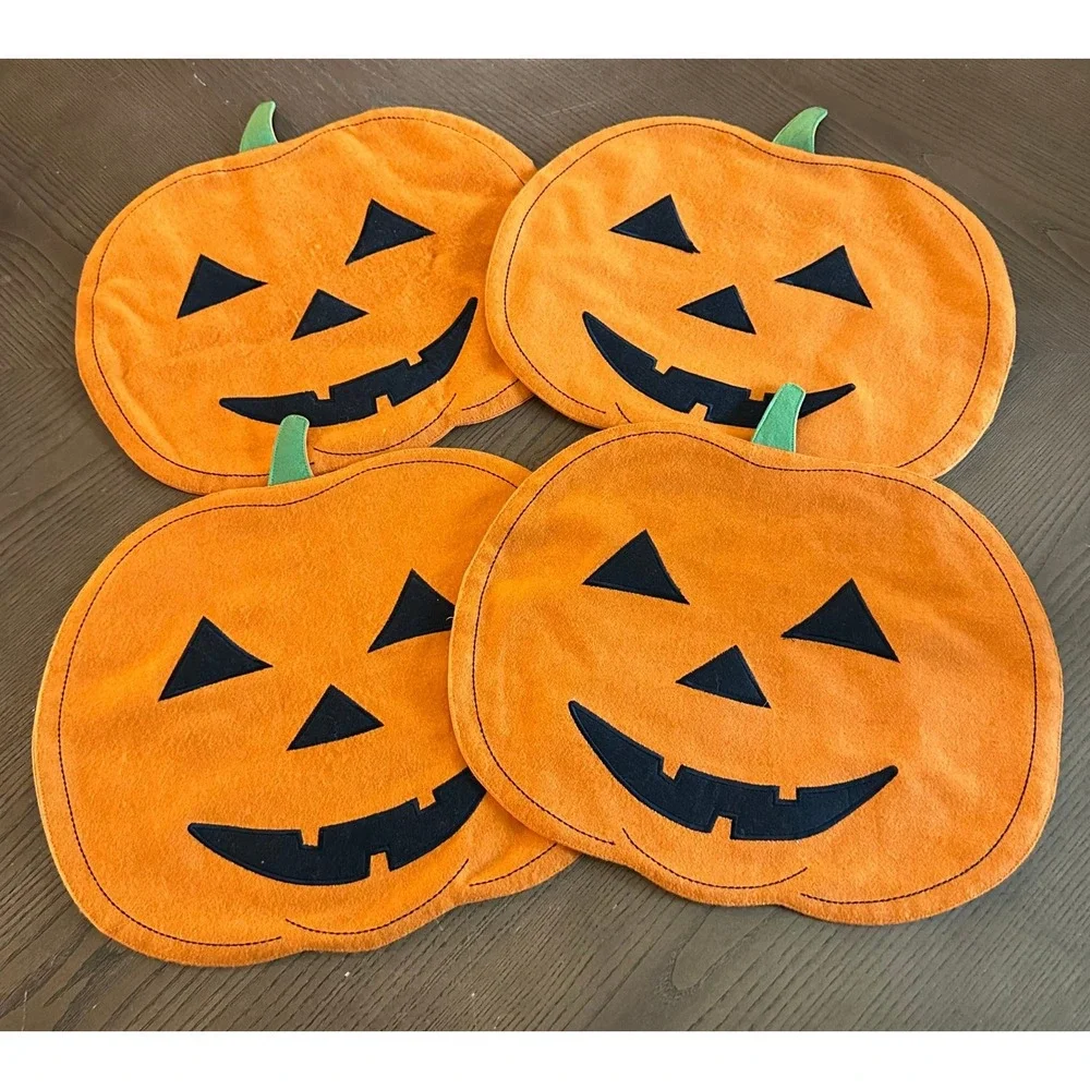 Halloween Pumpkin Placemats Set of 4 Jack-O-Lantern Orange Fall Table Decor